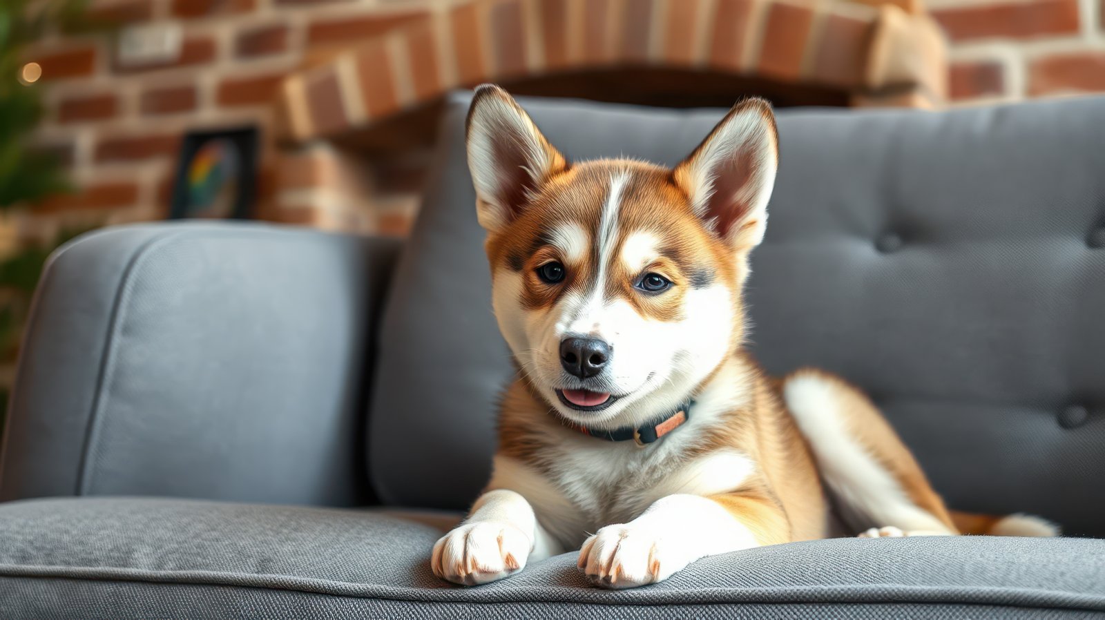 Cute Corgi lounging on a cozy gray couch in a warm living room during the afternoon